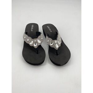 Olivia Miller Flip Flop Sandals Black Silver Rhinestone Wedge Slip Ons Sz 8